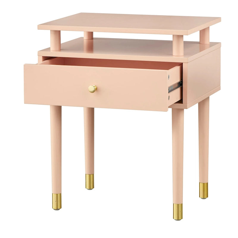 Mid-Century One Drawer Side Table - Antique White/Blush Pink/Walnut