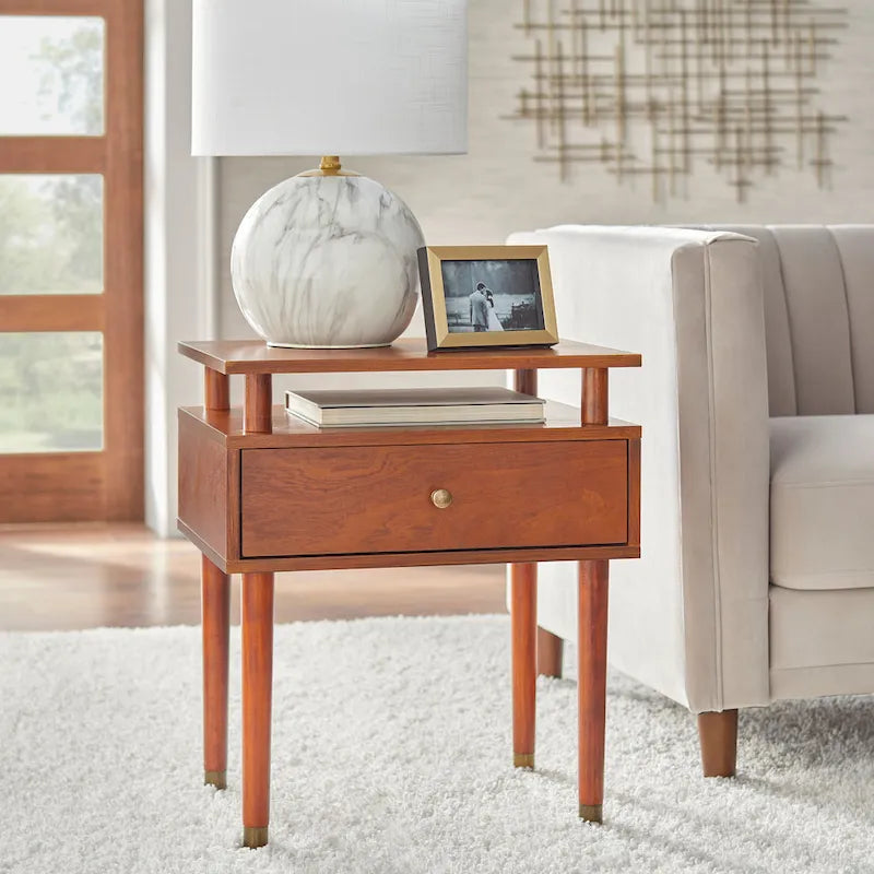 Mid-Century One Drawer Side Table - Antique White/Blush Pink/Walnut