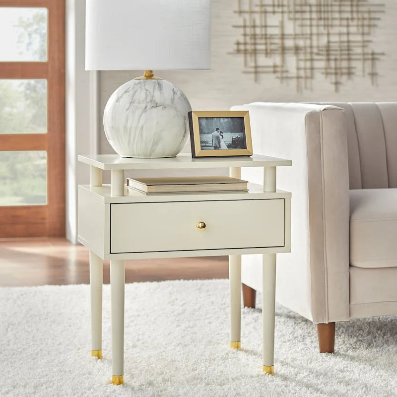 Mid-Century One Drawer Side Table - Antique White/Blush Pink/Walnut