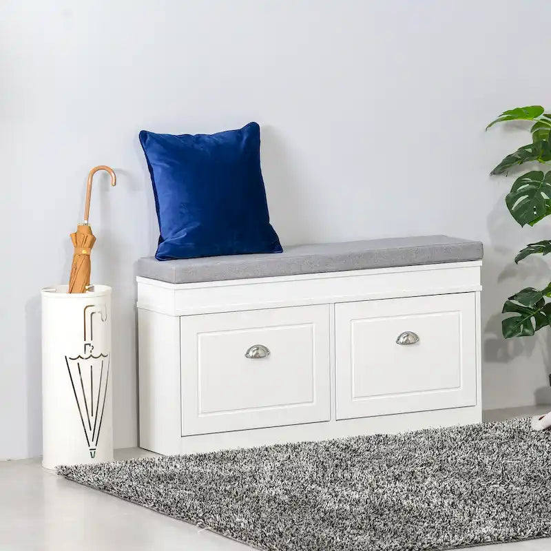 White Shoe Storage Bench with Cushion - 2 Drawers - Holds 8 Pairs