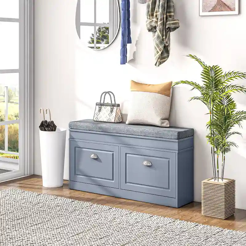 White Shoe Storage Bench with Cushion - 2 Drawers - Holds 8 Pairs