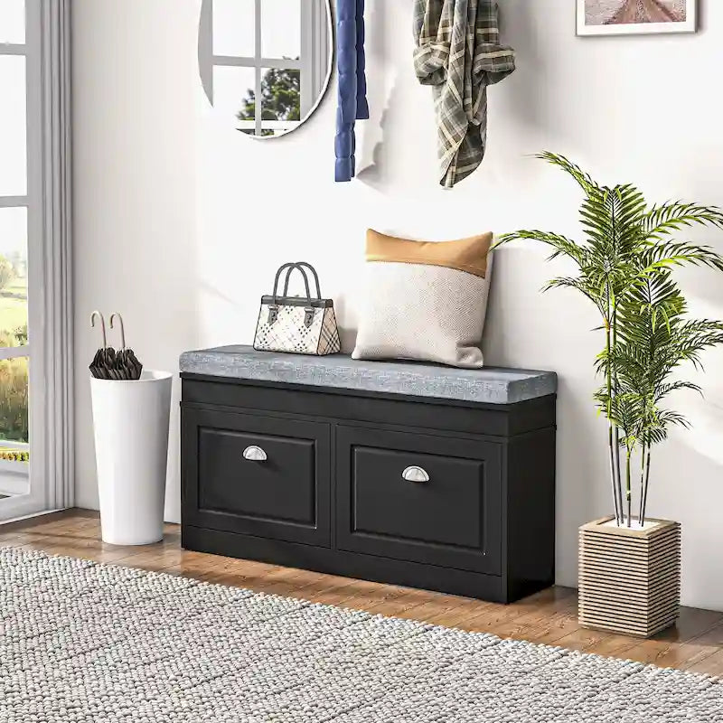 White Shoe Storage Bench with Cushion - 2 Drawers - Holds 8 Pairs