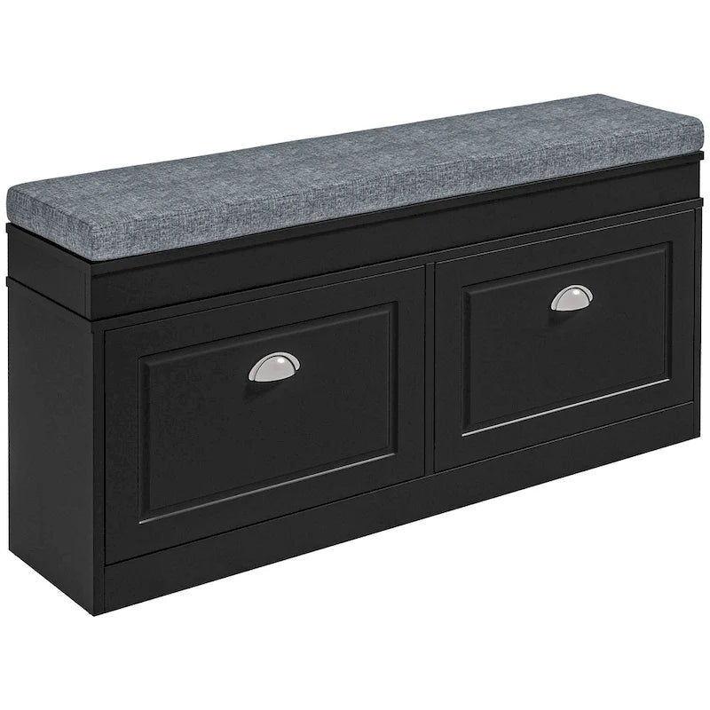 White Shoe Storage Bench with Cushion - 2 Drawers - Holds 8 Pairs