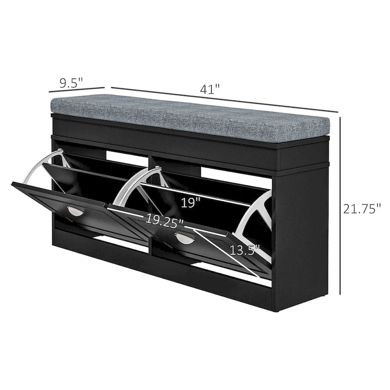 White Shoe Storage Bench with Cushion - 2 Drawers - Holds 8 Pairs