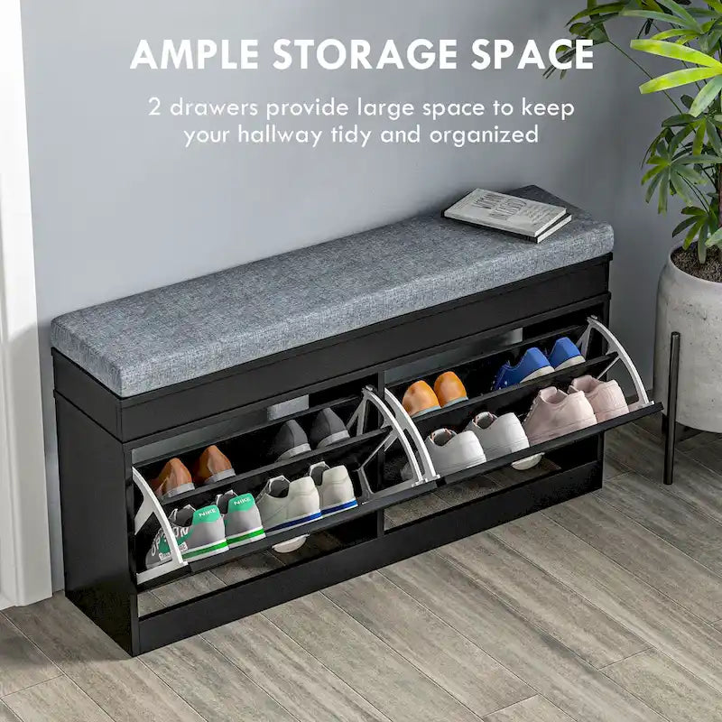 White Shoe Storage Bench with Cushion - 2 Drawers - Holds 8 Pairs
