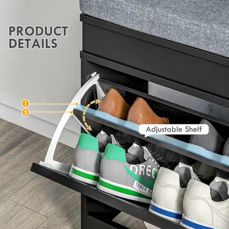 White Shoe Storage Bench with Cushion - 2 Drawers - Holds 8 Pairs