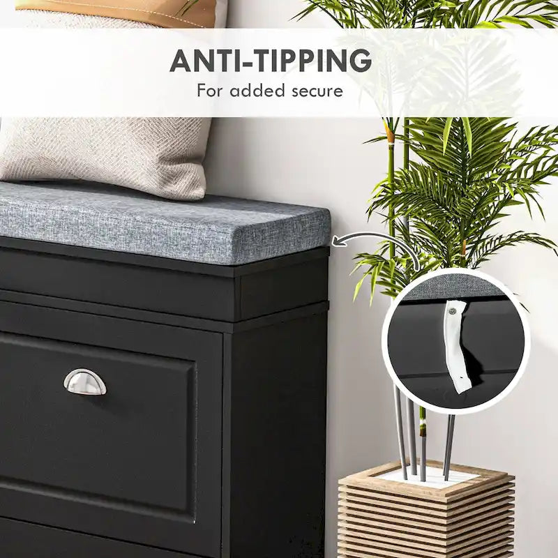 White Shoe Storage Bench with Cushion - 2 Drawers - Holds 8 Pairs