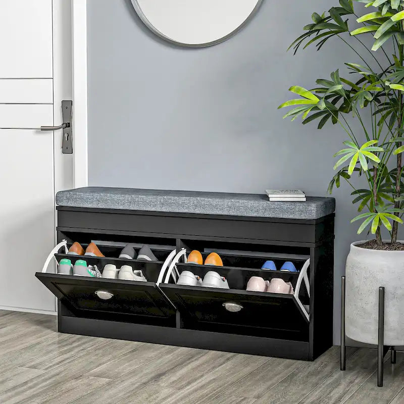 White Shoe Storage Bench with Cushion - 2 Drawers - Holds 8 Pairs