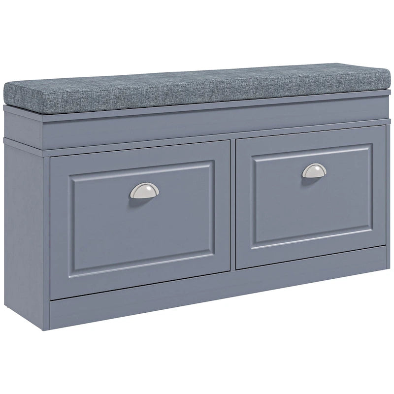 White Shoe Storage Bench with Cushion - 2 Drawers - Holds 8 Pairs