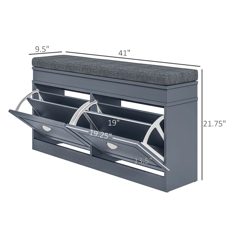 White Shoe Storage Bench with Cushion - 2 Drawers - Holds 8 Pairs