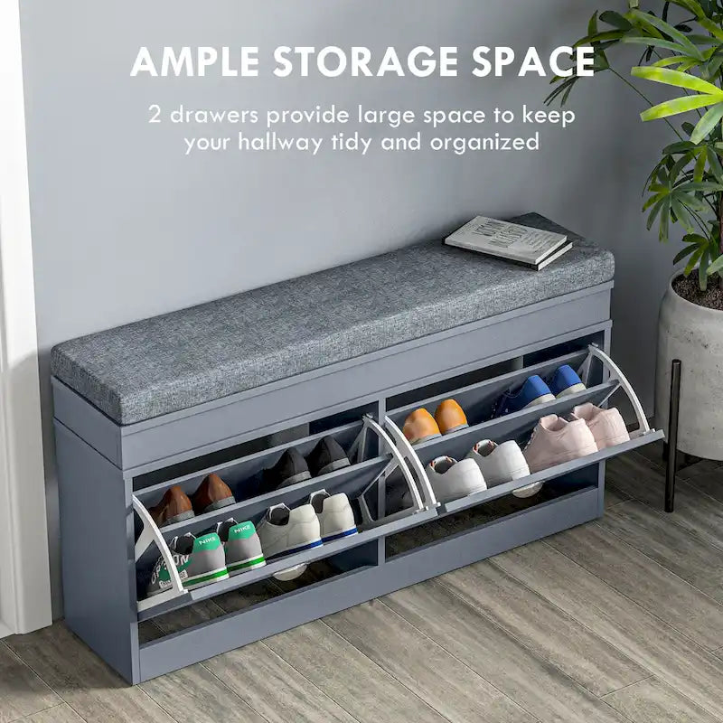 White Shoe Storage Bench with Cushion - 2 Drawers - Holds 8 Pairs