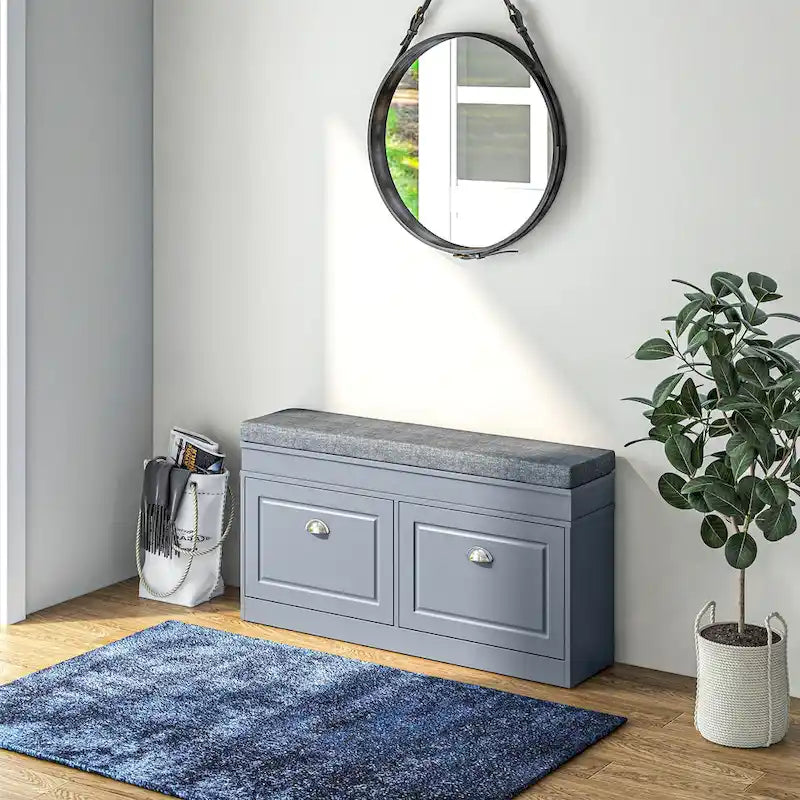 White Shoe Storage Bench with Cushion - 2 Drawers - Holds 8 Pairs