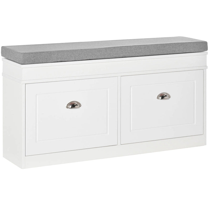 White Shoe Storage Bench with Cushion - 2 Drawers - Holds 8 Pairs