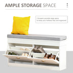 White Shoe Storage Bench with Cushion - 2 Drawers - Holds 8 Pairs