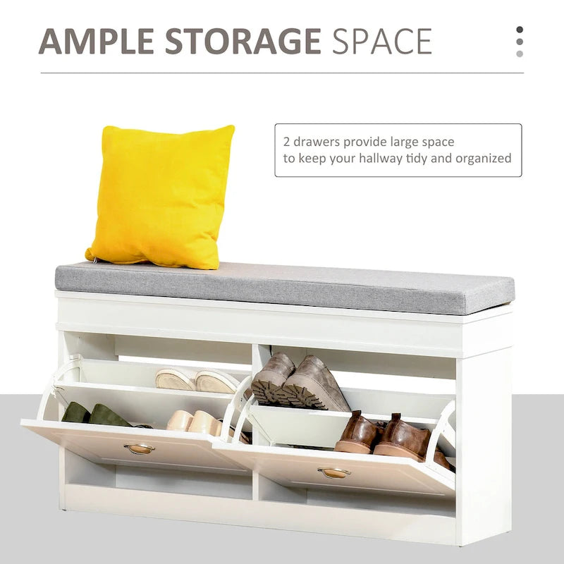 White Shoe Storage Bench with Cushion - 2 Drawers - Holds 8 Pairs