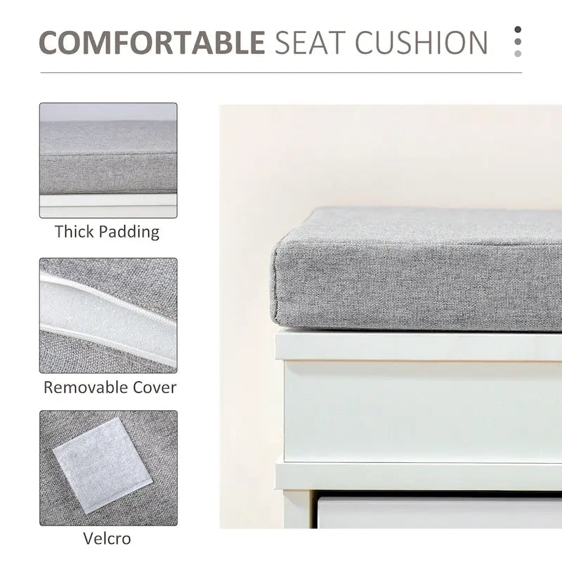 White Shoe Storage Bench with Cushion - 2 Drawers - Holds 8 Pairs