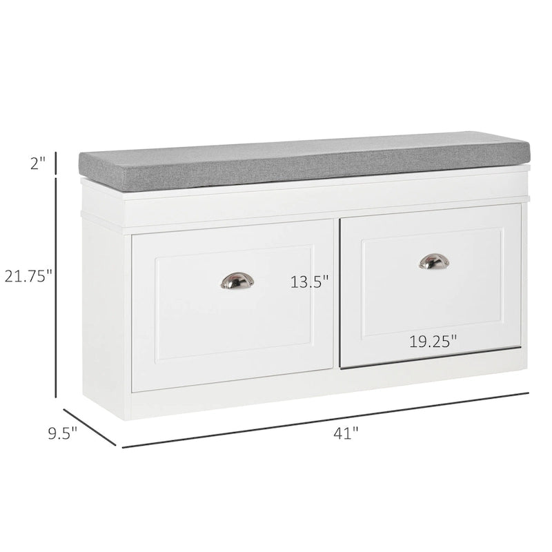 White Shoe Storage Bench with Cushion - 2 Drawers - Holds 8 Pairs