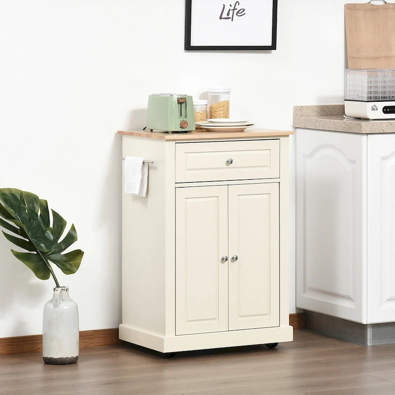 Rolling Kitchen Island Cart with Drawer and Cabinet - Black/Grey/Cream White