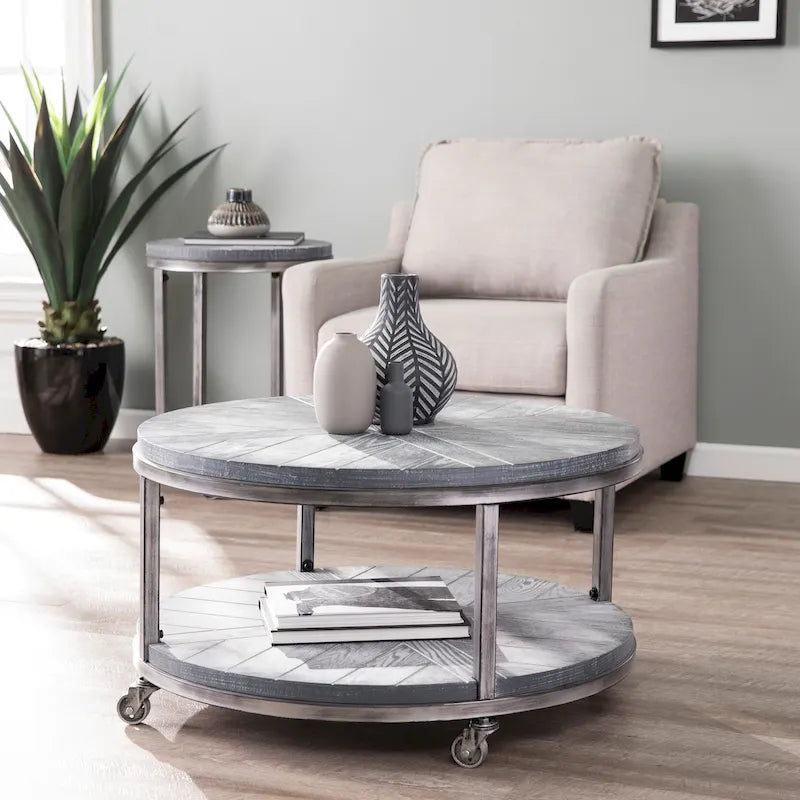 Industrial style round wooden coffee table with shelves