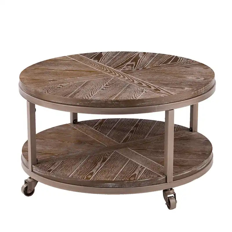 Industrial style round wooden coffee table with shelves
