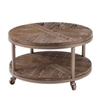 Industrial style round wooden coffee table with shelves
