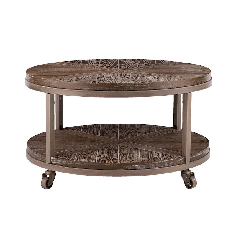 Industrial style round wooden coffee table with shelves