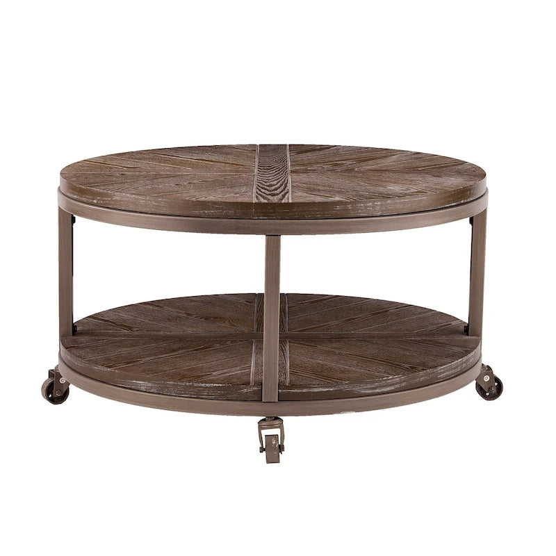 Industrial style round wooden coffee table with shelves