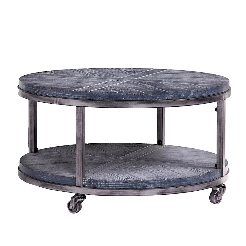 Industrial style round wooden coffee table with shelves