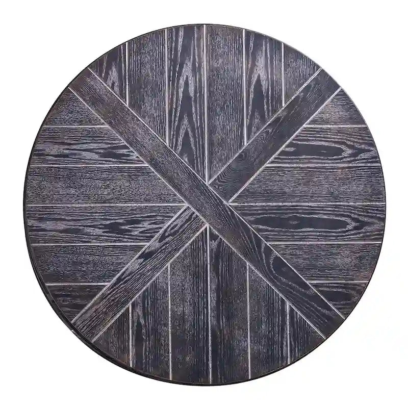Industrial style round wooden coffee table with shelves