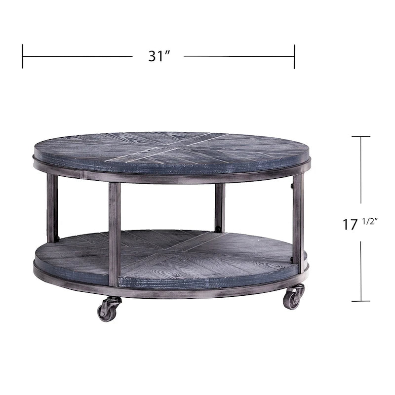 Industrial style round wooden coffee table with shelves