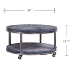 Industrial style round wooden coffee table with shelves