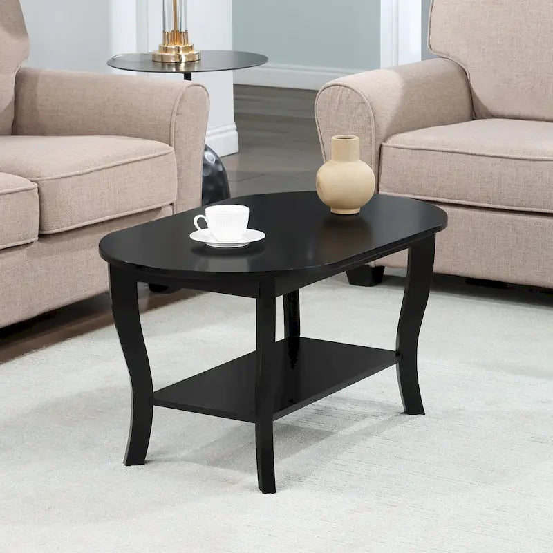 Black Oval Coffee Table with Storage Shelf