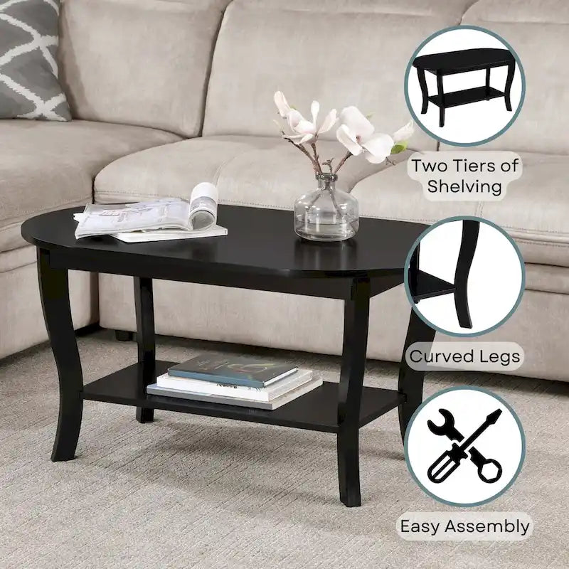 Black Oval Coffee Table with Storage Shelf