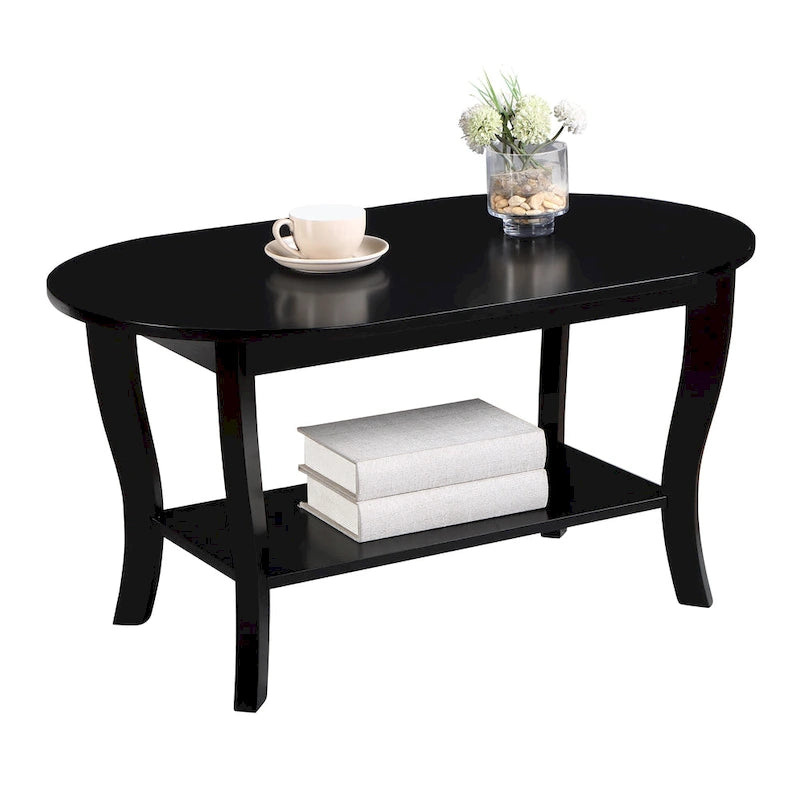 Black Oval Coffee Table with Storage Shelf