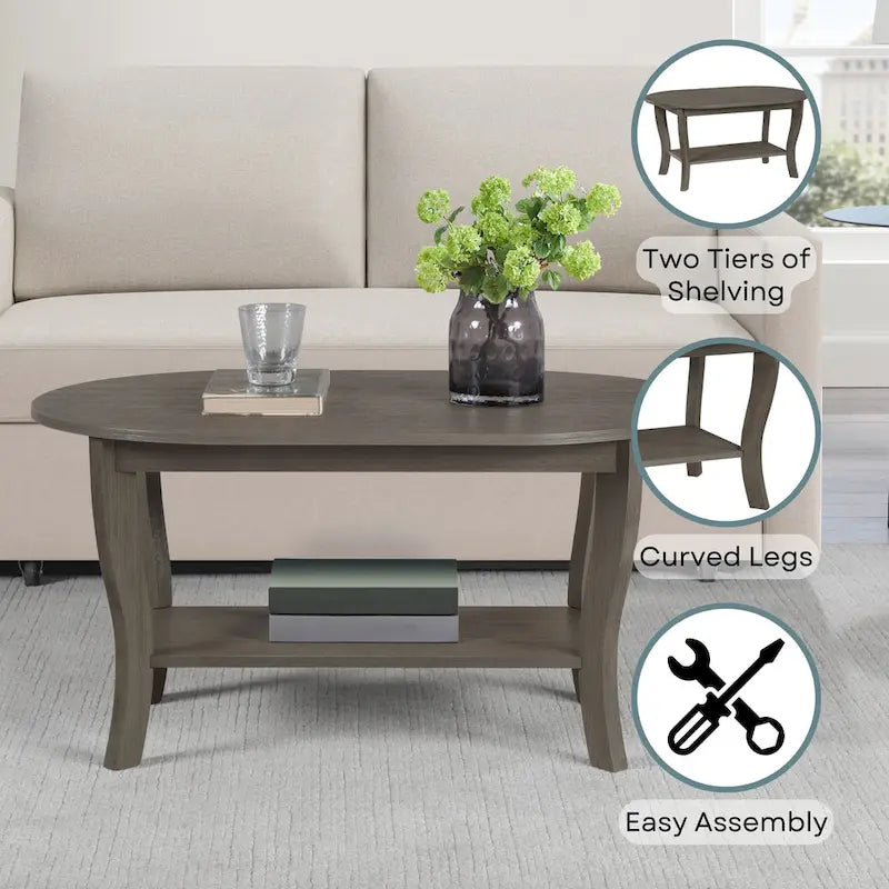 Black Oval Coffee Table with Storage Shelf
