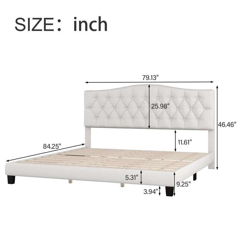 King Size , Modern Upholstered Platform Bed with Headboard, Heavy Duty Button Tufted Bed Frame with Wood Slat Support,Beige
