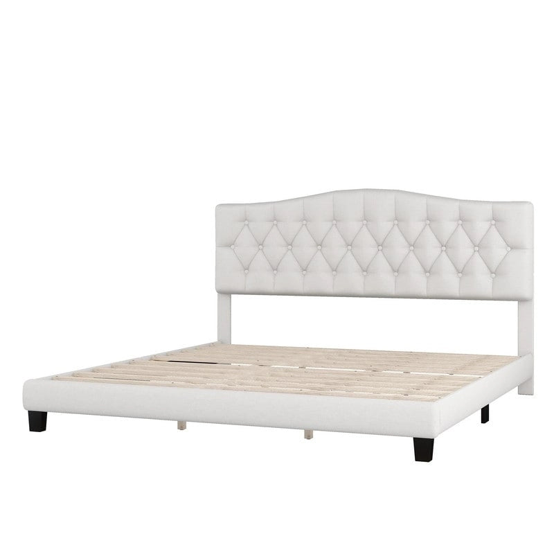 King Size , Modern Upholstered Platform Bed with Headboard, Heavy Duty Button Tufted Bed Frame with Wood Slat Support,Beige