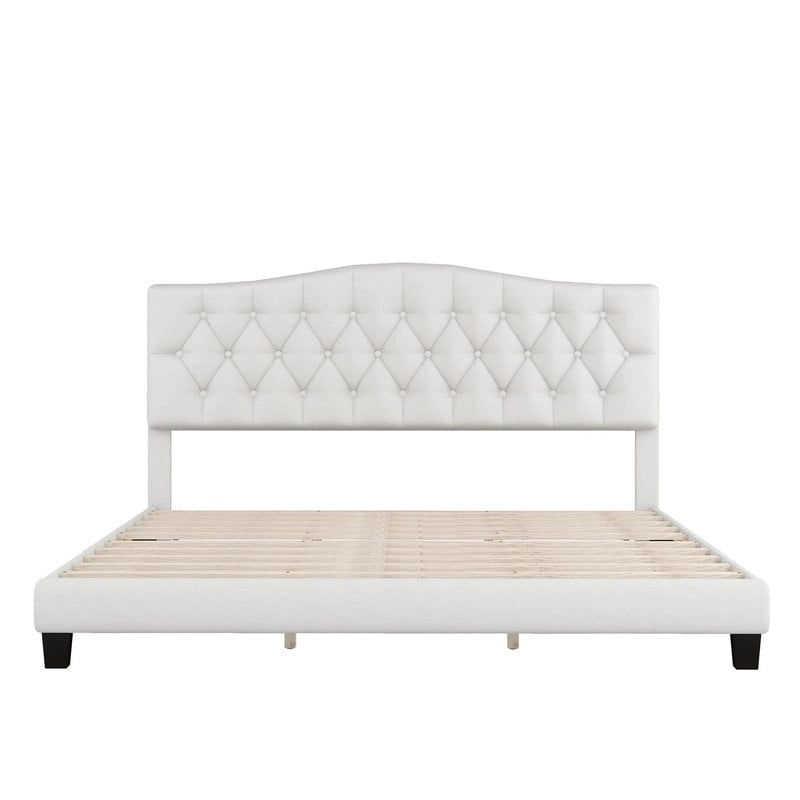 King Size , Modern Upholstered Platform Bed with Headboard, Heavy Duty Button Tufted Bed Frame with Wood Slat Support,Beige