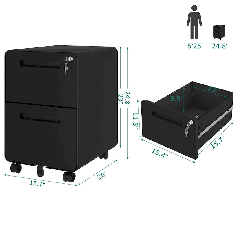 Modern 24.8  2-drawer Rolling Locking Steel File Cabinet