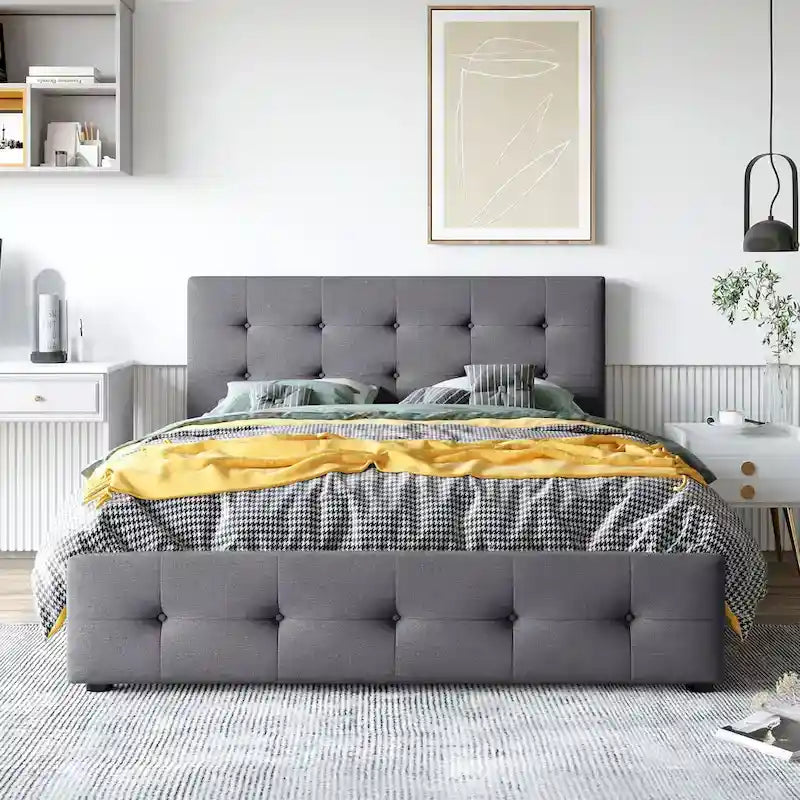 Queen Upholstered Platform Bed with Classic Headboard and 4 Drawers, No Box Spring Needed, Linen Fabric