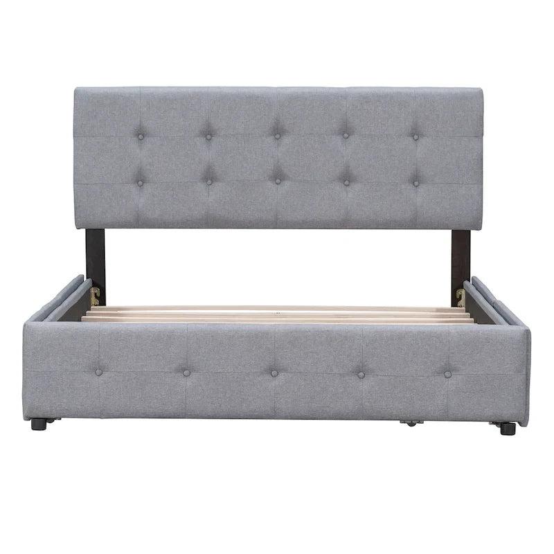 Queen Upholstered Platform Bed with Classic Headboard and 4 Drawers, No Box Spring Needed, Linen Fabric
