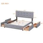 Queen Upholstered Platform Bed with Classic Headboard and 4 Drawers, No Box Spring Needed, Linen Fabric