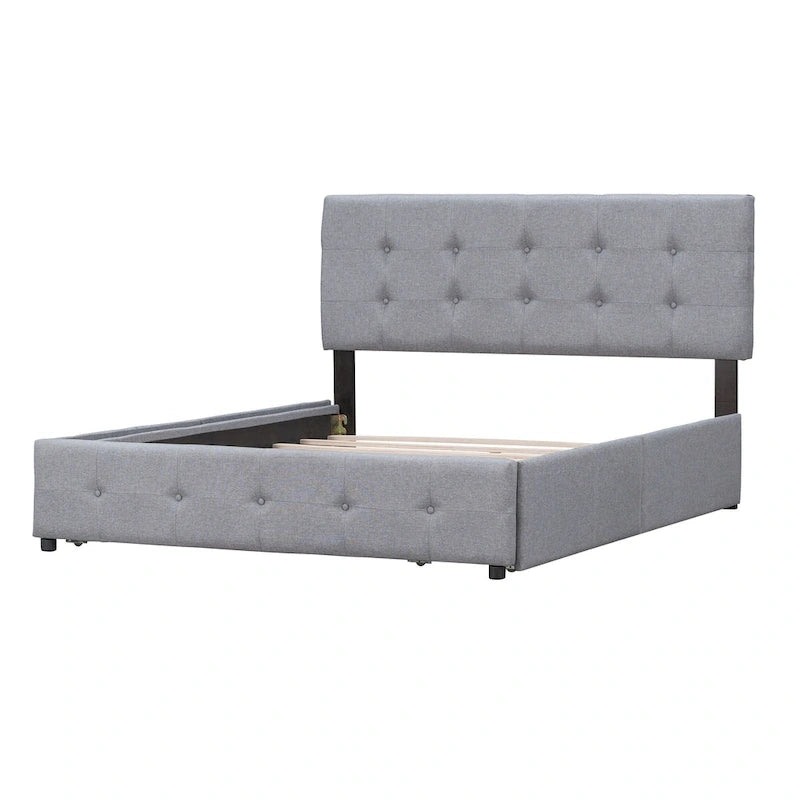 Queen Upholstered Platform Bed with Classic Headboard and 4 Drawers, No Box Spring Needed, Linen Fabric