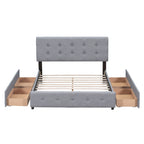 Queen Upholstered Platform Bed with Classic Headboard and 4 Drawers, No Box Spring Needed, Linen Fabric
