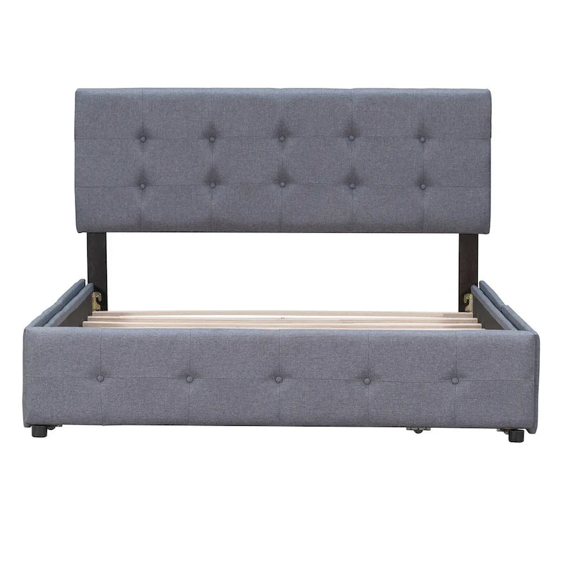Queen Upholstered Platform Bed with Classic Headboard and 4 Drawers, No Box Spring Needed, Linen Fabric