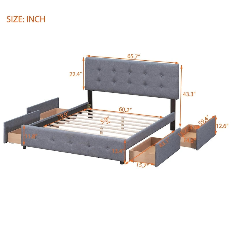 Queen Upholstered Platform Bed with Classic Headboard and 4 Drawers, No Box Spring Needed, Linen Fabric