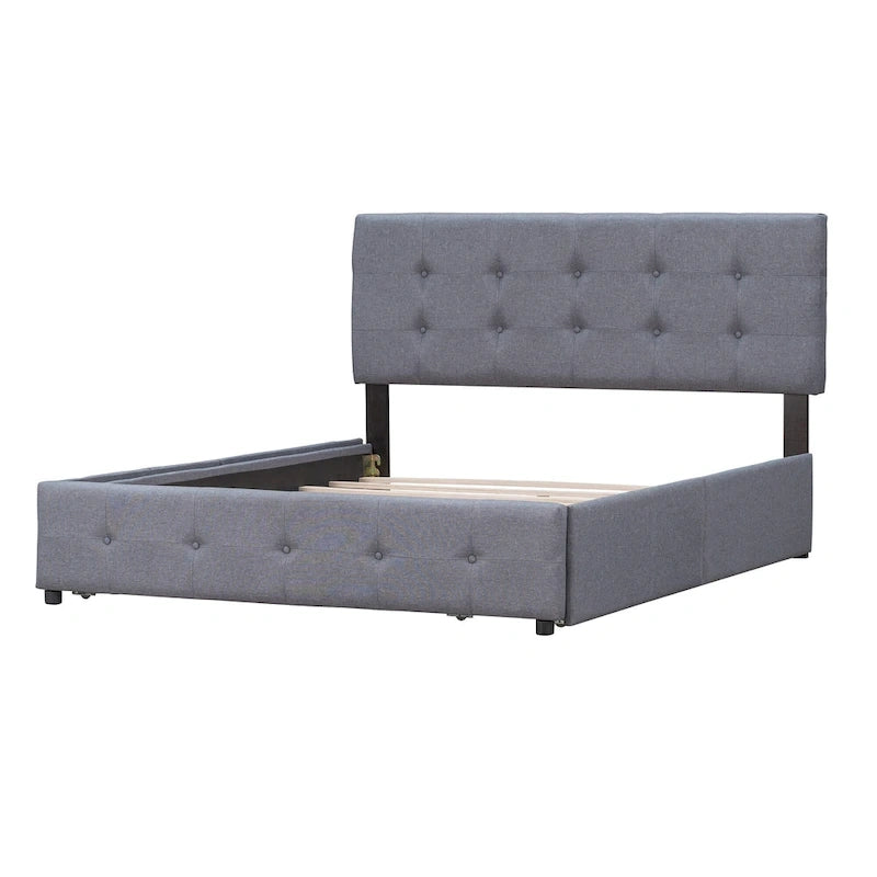 Queen Upholstered Platform Bed with Classic Headboard and 4 Drawers, No Box Spring Needed, Linen Fabric