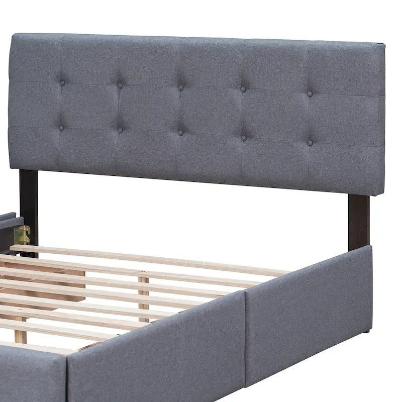 Queen Upholstered Platform Bed with Classic Headboard and 4 Drawers, No Box Spring Needed, Linen Fabric
