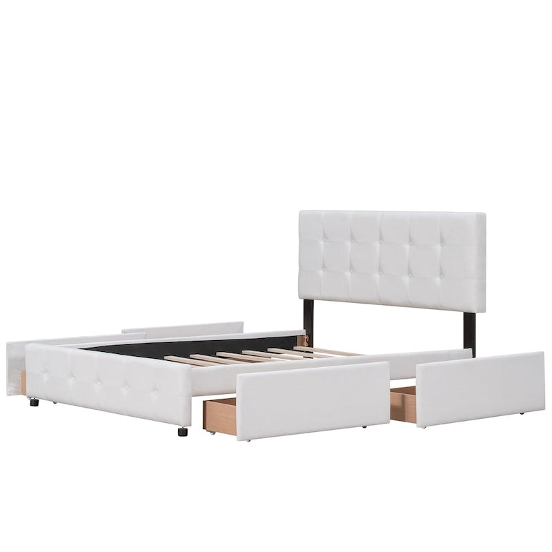 Queen Upholstered Platform Bed with Classic Headboard and 4 Drawers, No Box Spring Needed, Linen Fabric