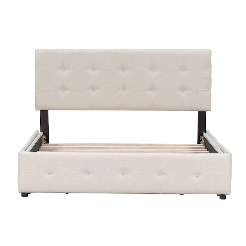 Queen Upholstered Platform Bed with Classic Headboard and 4 Drawers, No Box Spring Needed, Linen Fabric